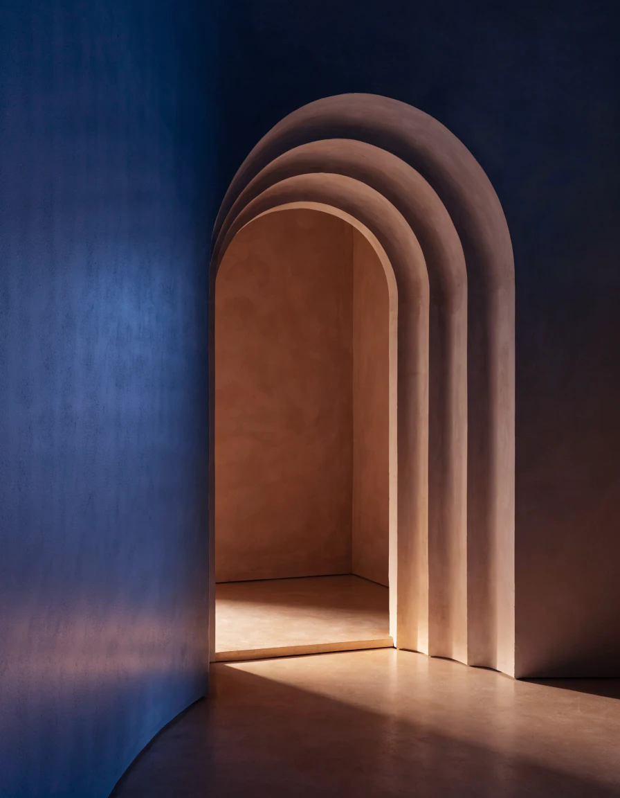 Portal em arcos iluminado, em tons de azul e argila